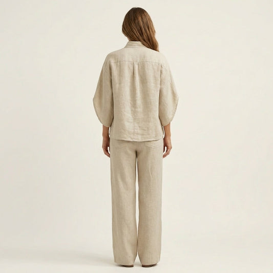 Women's Linen Two Piece Set with Batwing Top and Wide Leg Pants Casual Outfit