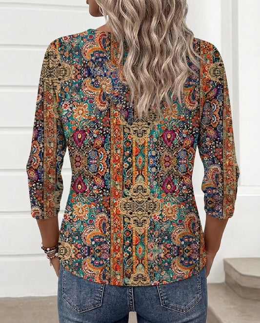 Women's Bohemian Printed Blouse V Neck Loose Fit Casual Top