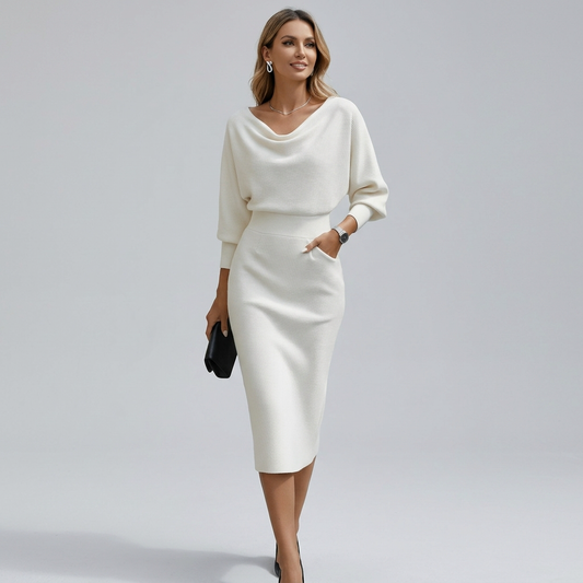 Women’s Draped Midi Dress with Soft Neckline and Elegant Fit