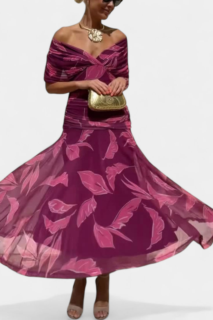 Women’s Off Shoulder Midi Dress with Fitted Waist and Flowing Skirt