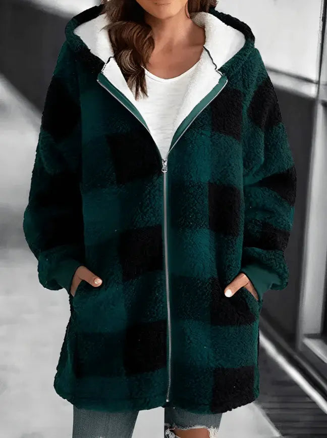 Women’s Oversized Plaid Fleece Jacket with Hood Winter