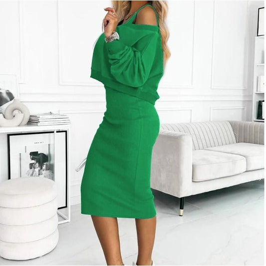 Women's Off Shoulder Two Piece Set Relaxed Top and Fitted Midi Skirt Elegant Outfit
