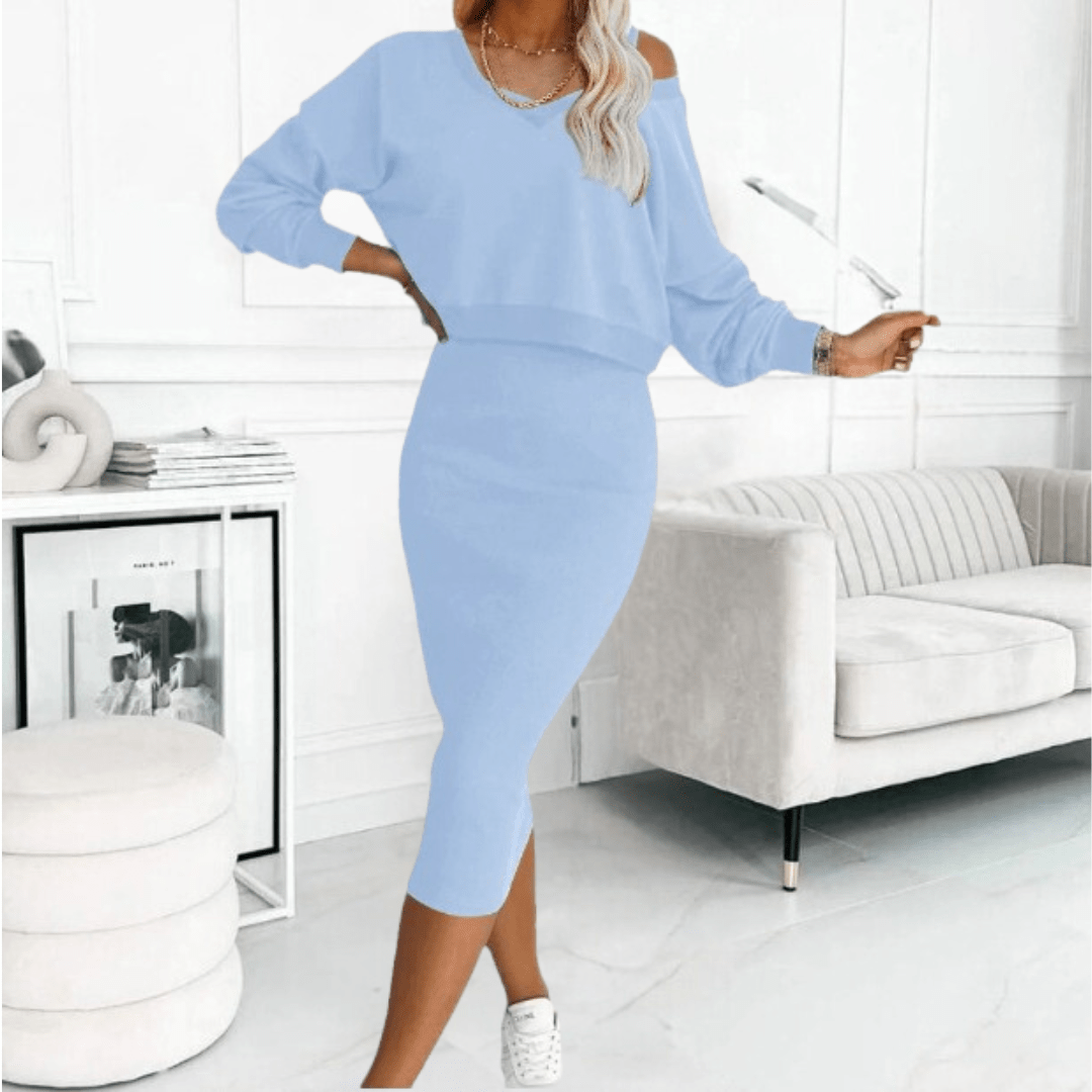 Women's Off Shoulder Two Piece Set Relaxed Top and Fitted Midi Skirt Elegant Outfit