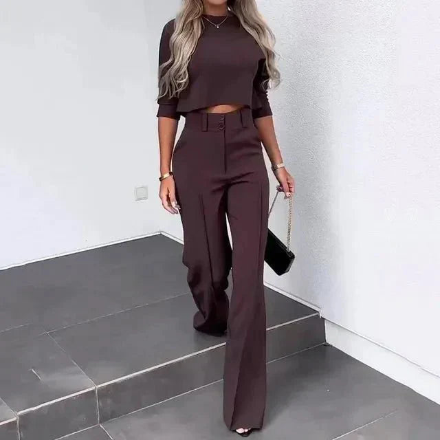 Women's Cropped Top & High Waist Pants Set Elegant Two Piece Work Outfit