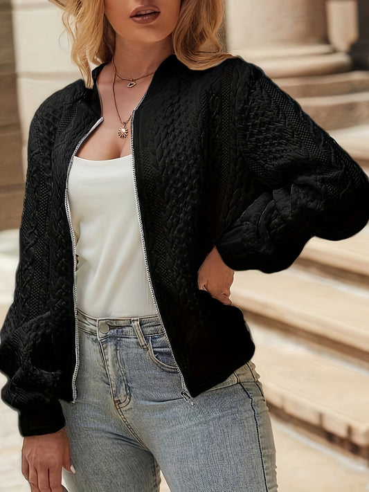 Women's Knitted Bomber Jacket – Stylish Textured Zip-Up