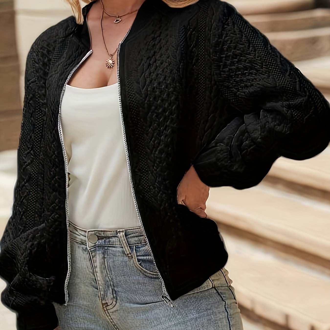 Women's Knitted Bomber Jacket – Stylish Textured Zip-Up
