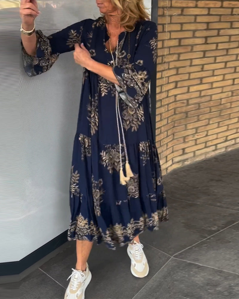 Vintage Loose V Neck Midi Dress for Women