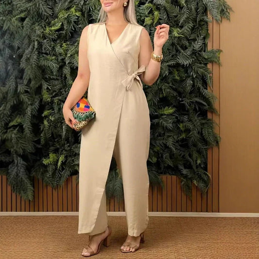 Women’s V Neck Wide Leg Jumpsuit with Tie Waist