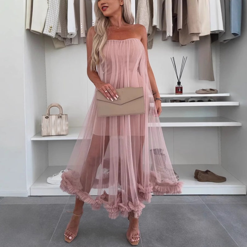 Strapless Layered Tulle Maxi Dress for Women