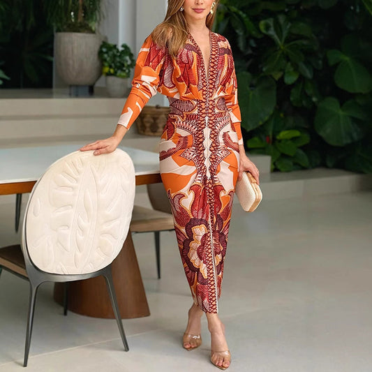 Printed V-Neck Maxi Dress