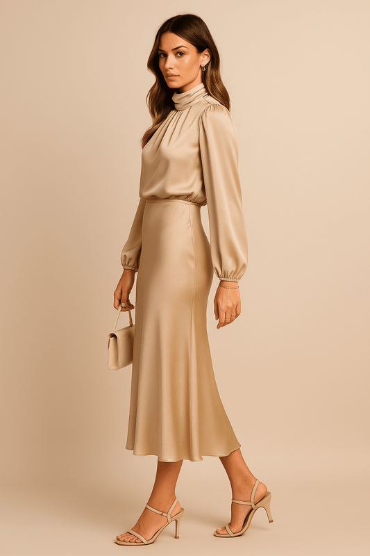 Women’s High Neck Midi Dress – Refined High-Waist Silhouette with Elegant Flow