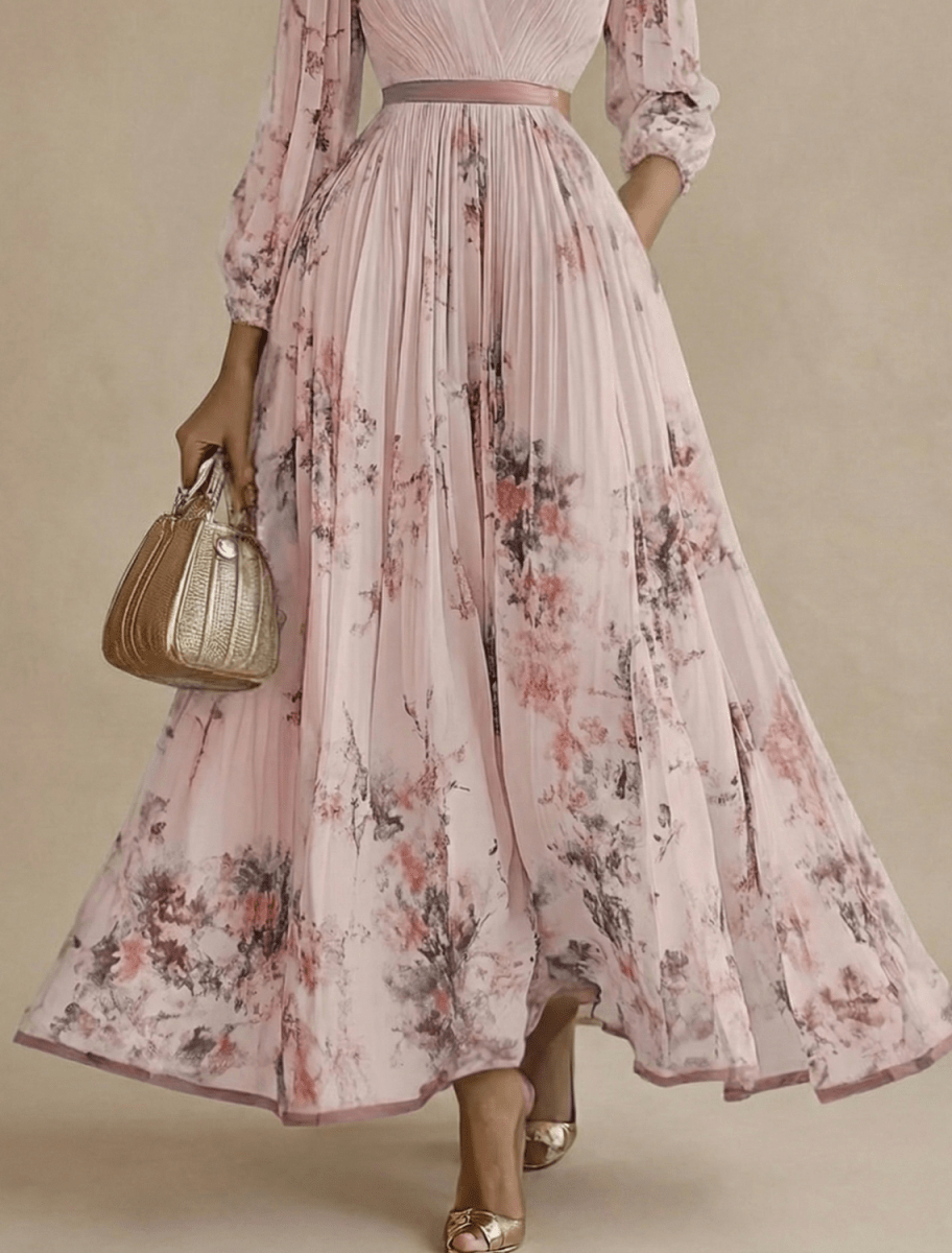 Women’s Pleated Maxi Dress with V-Neck and Long Sleeves