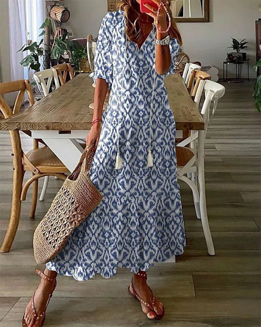 Women’s Boho Printed V Neck Tummy Coverage Maxi Dress