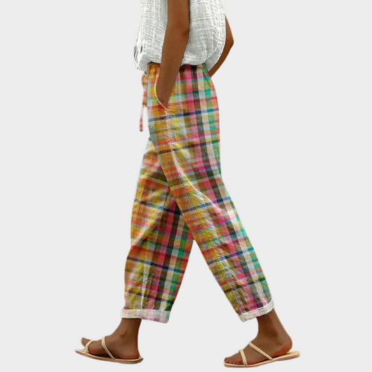Women’s Checkered Tapered Pants with Elastic Waist and Pockets