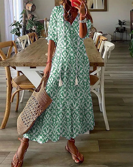 Women’s Boho Printed V Neck Tummy Coverage Maxi Dress