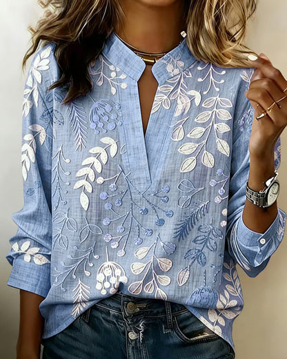 Women's Floral Embroidered V-Neck Blouse with Long Sleeves