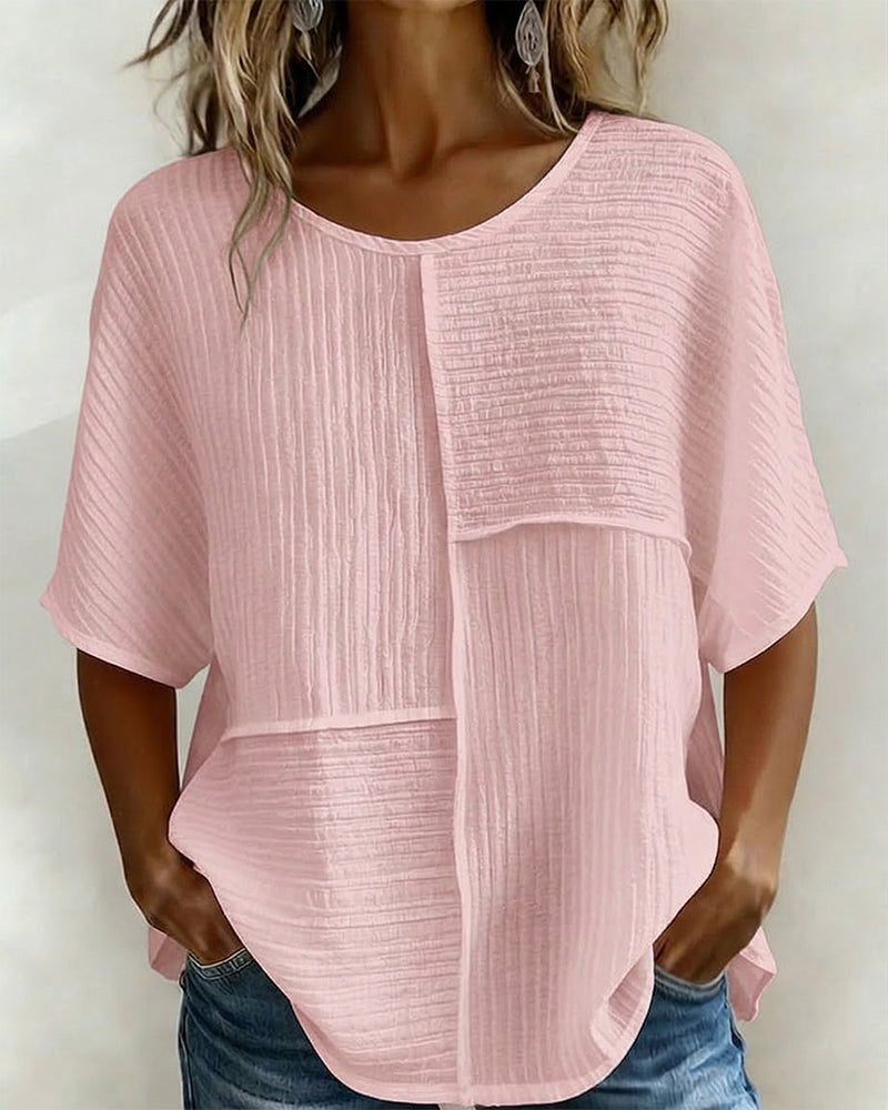 Women's Textured Patchwork Top with Round Neck and Short Sleeves