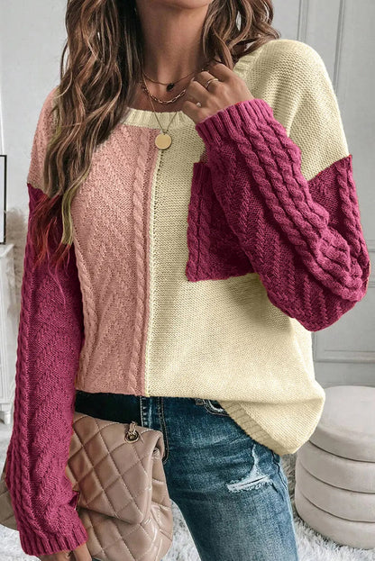 Zopfmuster Colorblock Strickpullover für Winter Damen