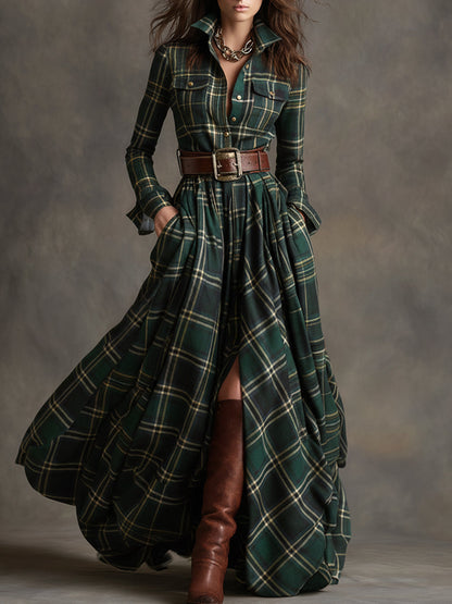 Women’s Plaid Maxi Dress with Button Front and Belted Waist