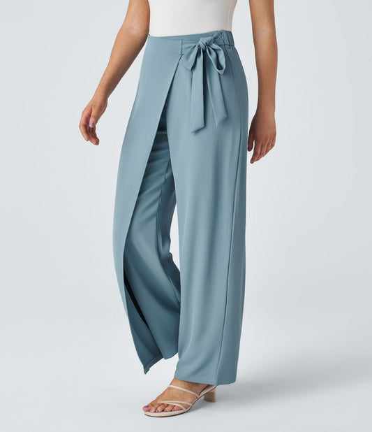 Women’s High Waist Wrap Pants with Wide Leg and Side Slit
