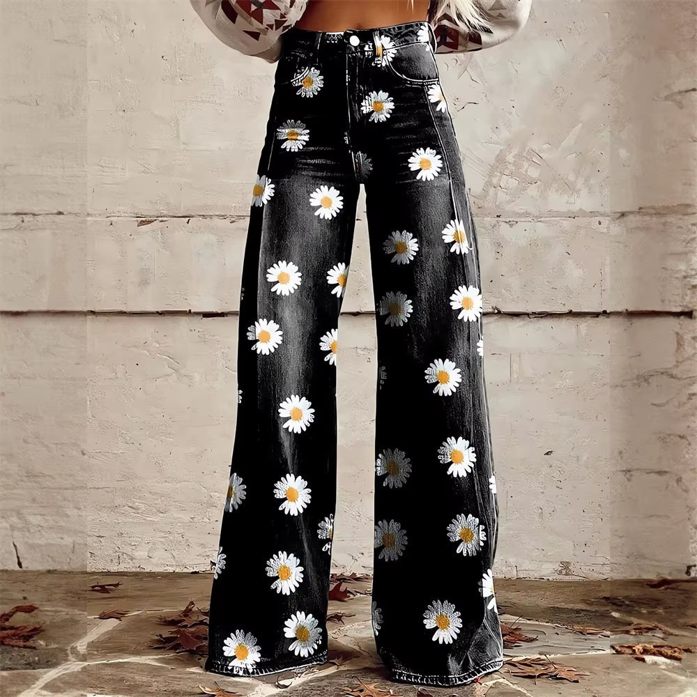 Women's Floral Wide Leg Jeans – High Waist Flared Fit Stretch Denim Pants
