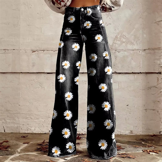 Women's Floral Wide Leg Jeans – High Waist Flared Fit Stretch Denim Pants