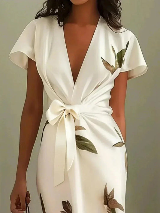 Women’s Floral Wrap V Neck Elegant Midi Dress