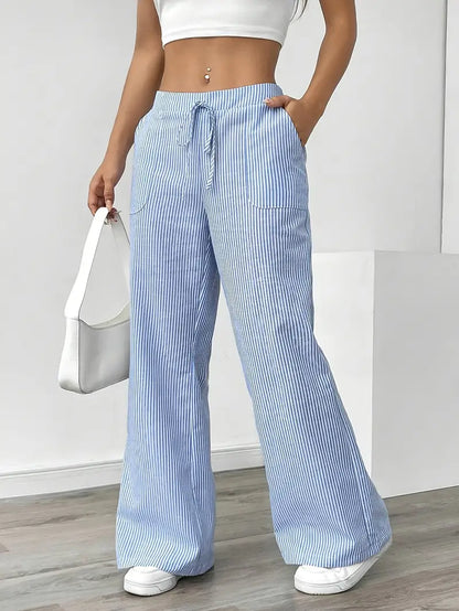 Women’s Wide Leg Striped Pants with Elastic Waist and Drawstring