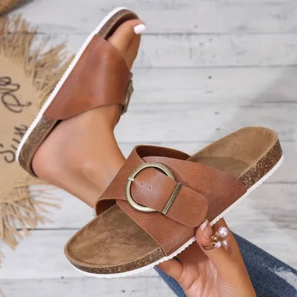 Women’s Cork Footbed Slide Sandals with Buckle Strap and Cross Design
