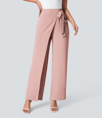 Women’s High Waist Wrap Pants with Wide Leg and Side Slit