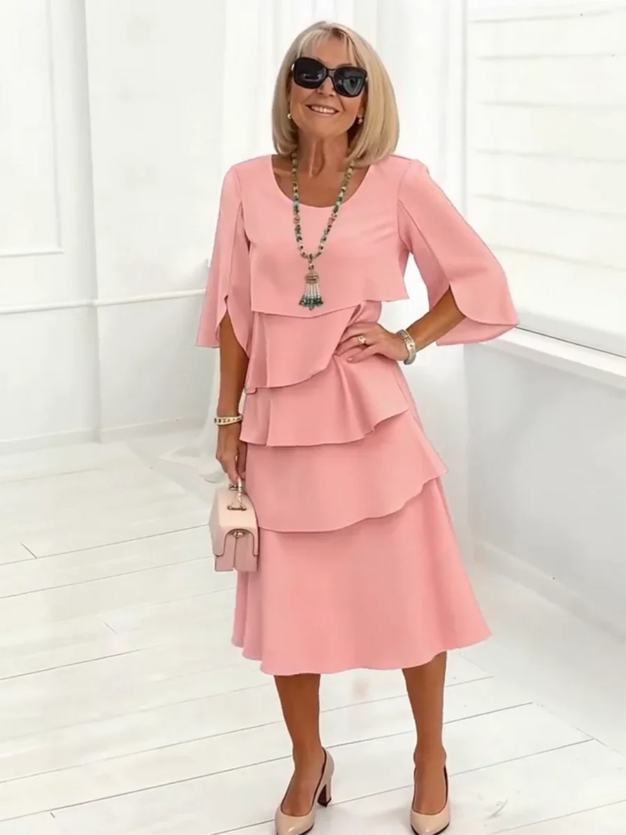 Women's Elegant Midi Dress with Ruffle Layers and Split Sleeves