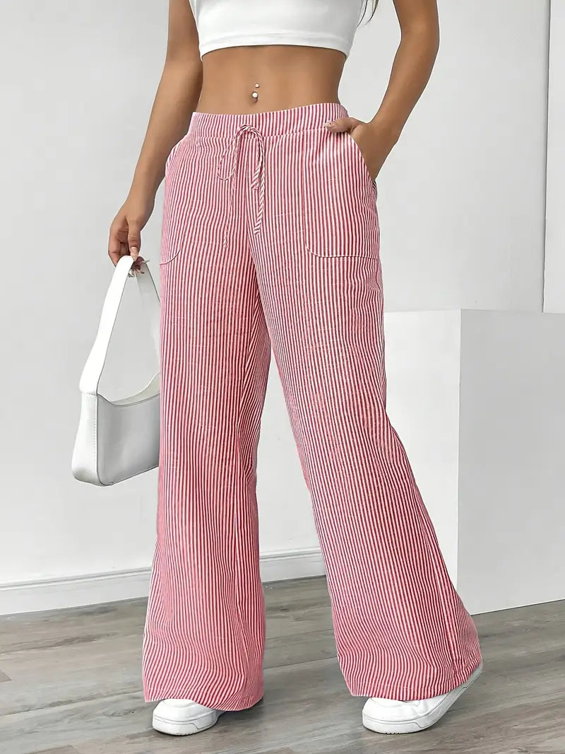 Women’s Wide Leg Striped Pants with Elastic Waist and Drawstring
