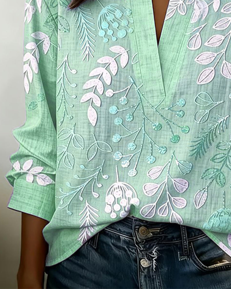 Women's Floral Embroidered V-Neck Blouse with Long Sleeves