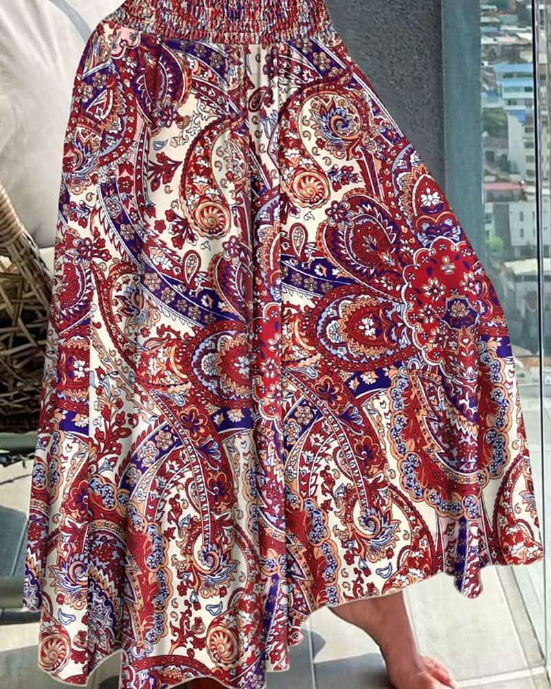 Women’s Floral Pleated Midi Skirt with Elastic Waist and Flowing Fit