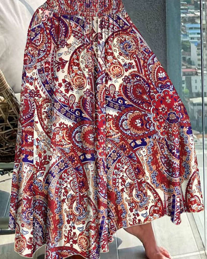 Women’s Floral Pleated Midi Skirt with Elastic Waist and Flowing Fit