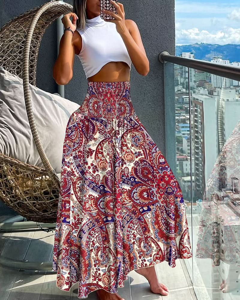 Women’s Floral Pleated Midi Skirt with Elastic Waist and Flowing Fit