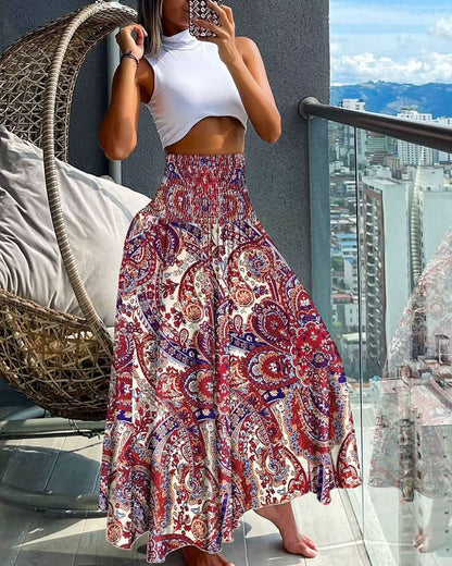 Women’s Floral Pleated Midi Skirt with Elastic Waist and Flowing Fit