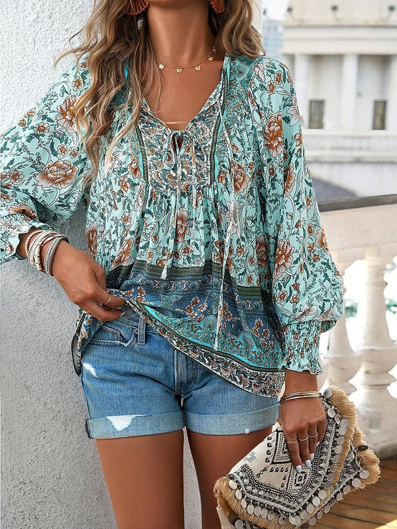 Women's Boho Floral V-Neck Blouse Loose Fit Lightweight Summer Casual Top