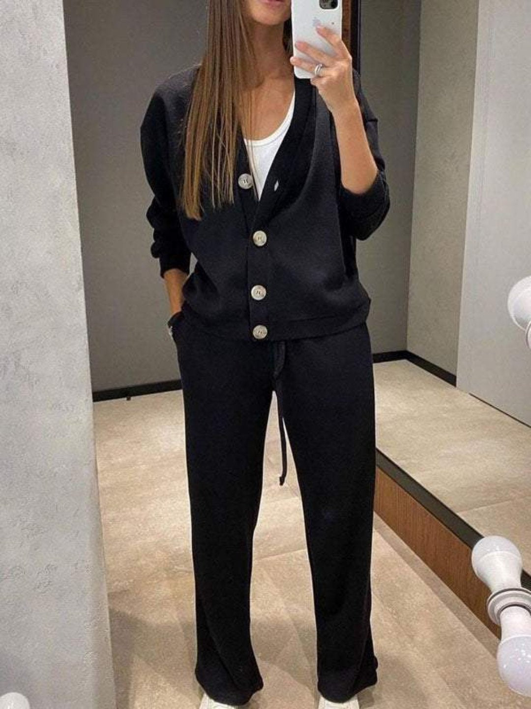 Women's Relaxed Cardigan and Drawstring Pants Set Casual Two Piece Outfit