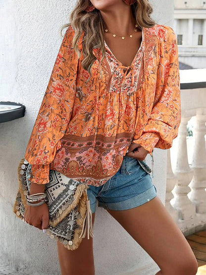 Women's Boho Floral V-Neck Blouse Loose Fit Lightweight Summer Casual Top