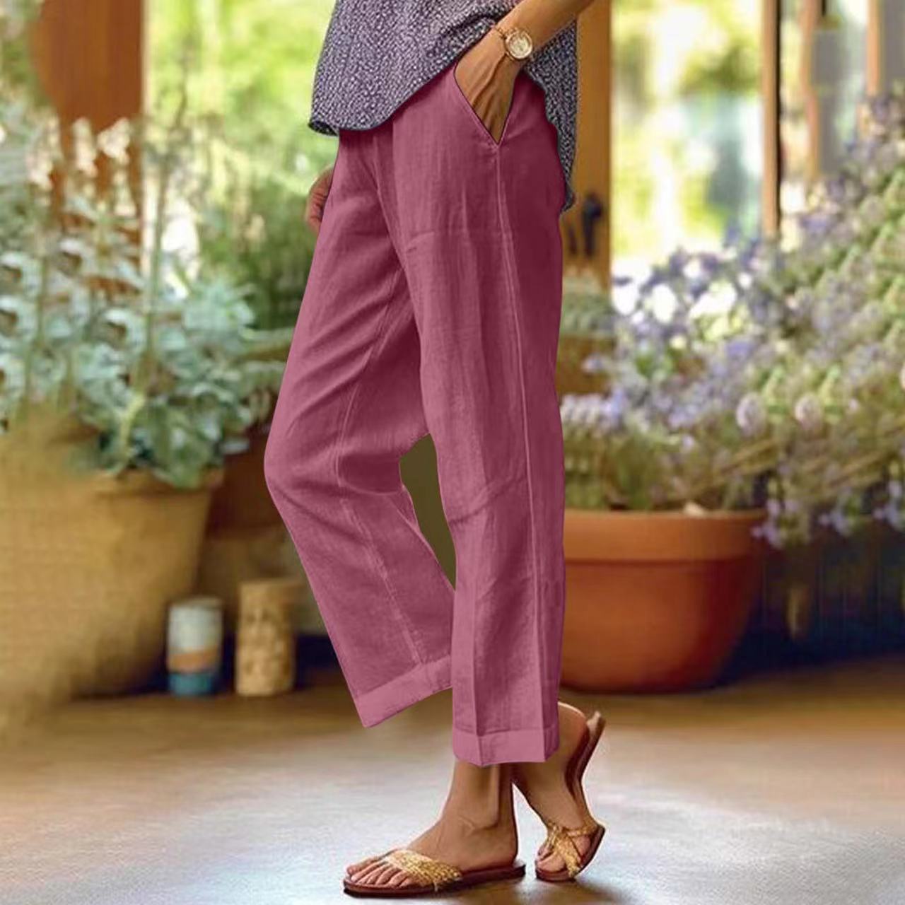 Women’s Relaxed Fit Cropped Pants with Elastic Waist and Pockets