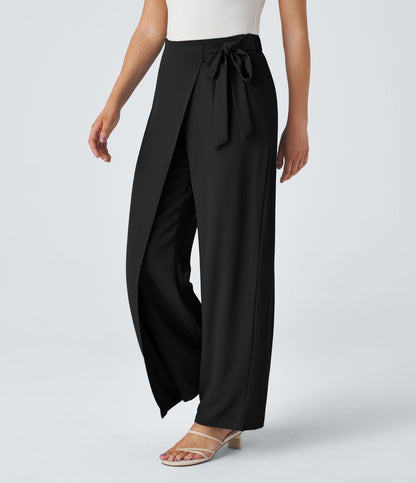 Women’s High Waist Wrap Pants with Wide Leg and Side Slit