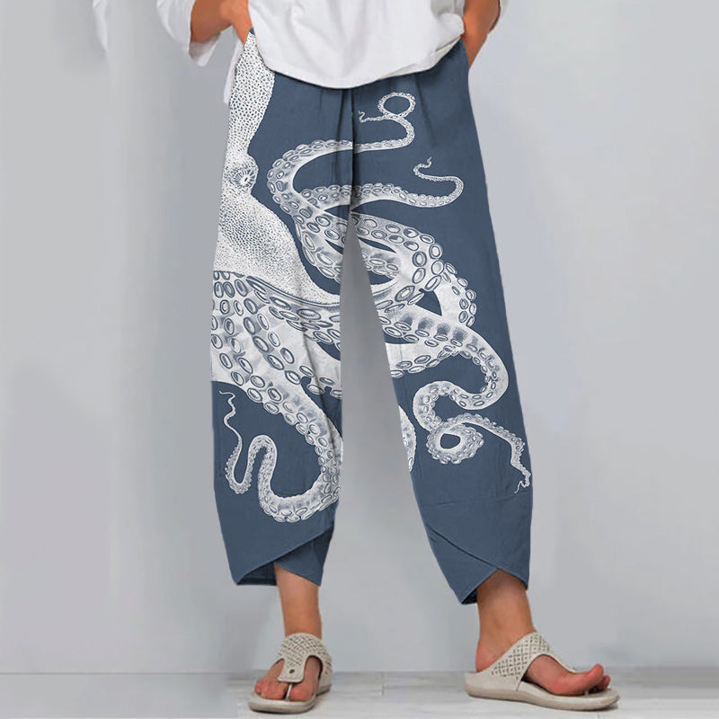 Women's Octopus Ink Print Wide Leg Pants – Relaxed Fit Lightweight Casual Statement Trousers