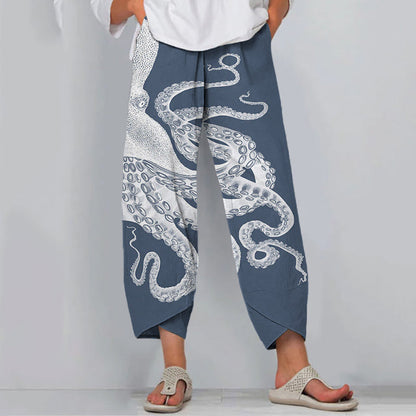 Women's Octopus Ink Print Wide Leg Pants – Relaxed Fit Lightweight Casual Statement Trousers