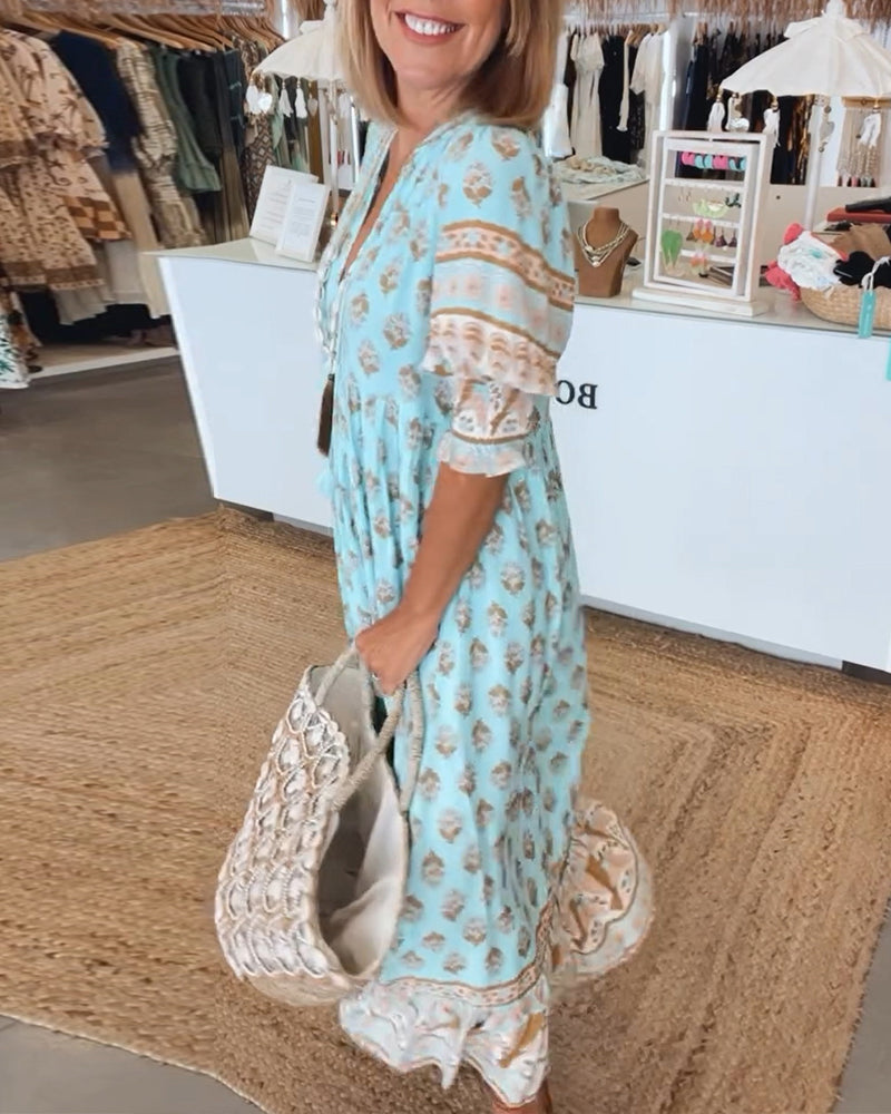 Women's Printed V-Neck Midi Dress with Relaxed Fit