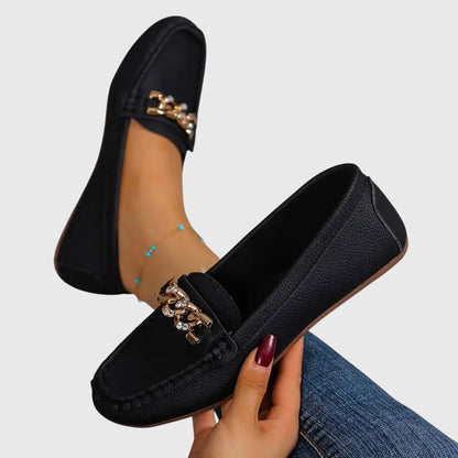 Women’s Loafers with Diamond Buckle and Flat Wedge Sole