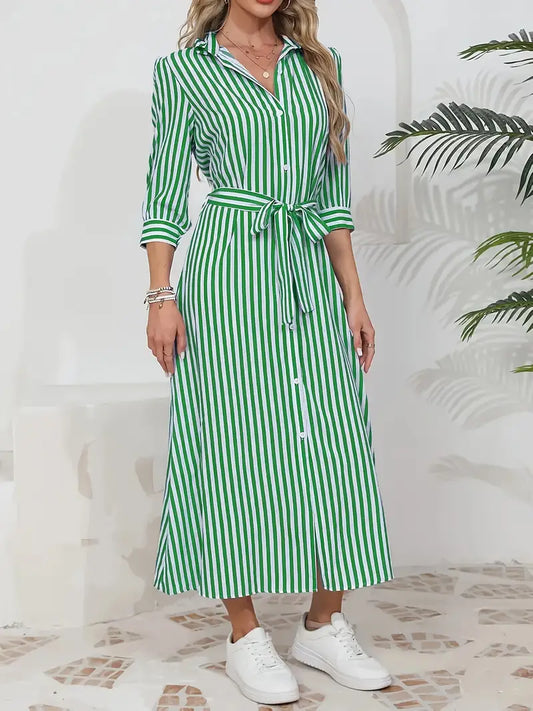 Women’s Striped Belted Button Down Elegant Shirt Midi Dress