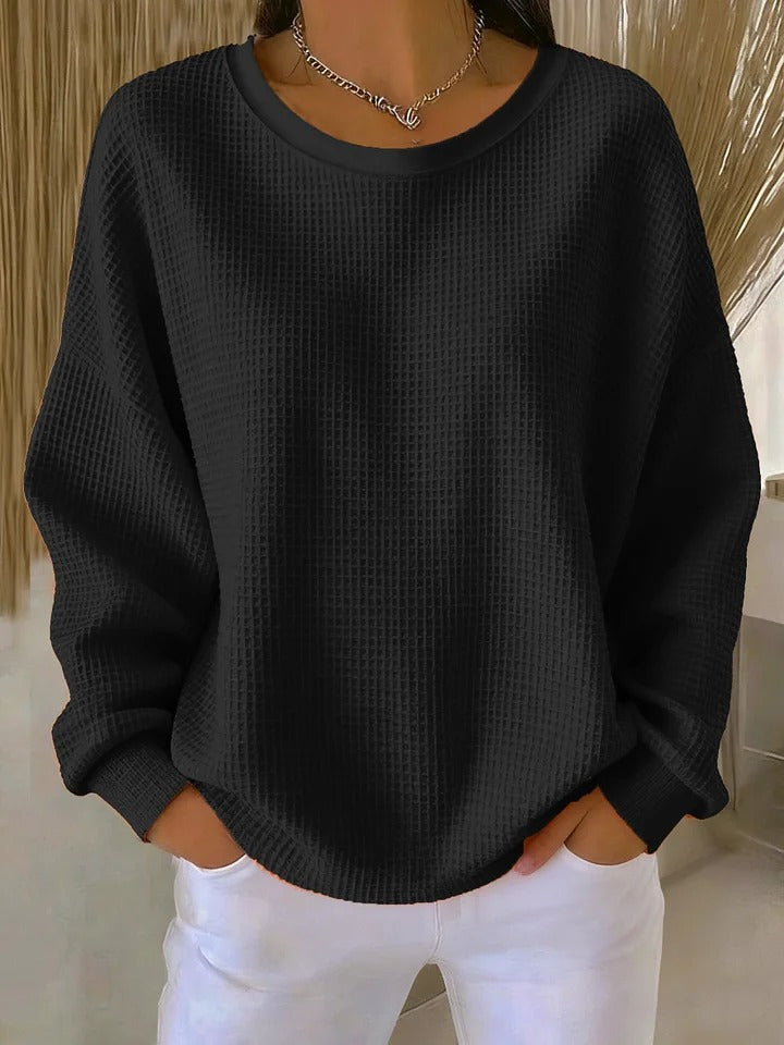 Women's Waffle Knit Long Sleeve Top with Round Neck