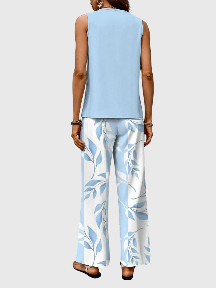 Women's Floral Print Two Piece Set Sleeveless Top and Wide Leg Pants Outfit