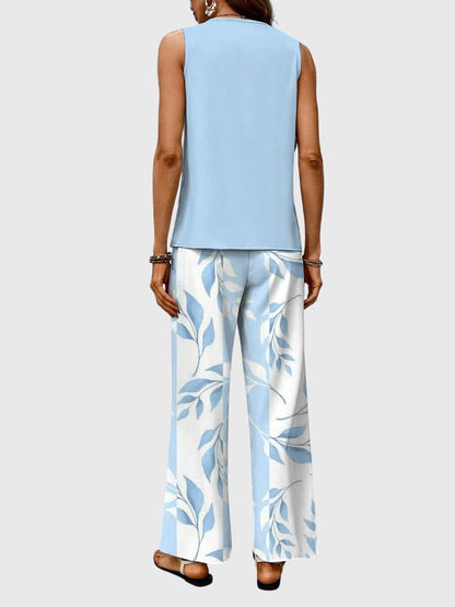 Women's Floral Print Two Piece Set Sleeveless Top and Wide Leg Pants Outfit
